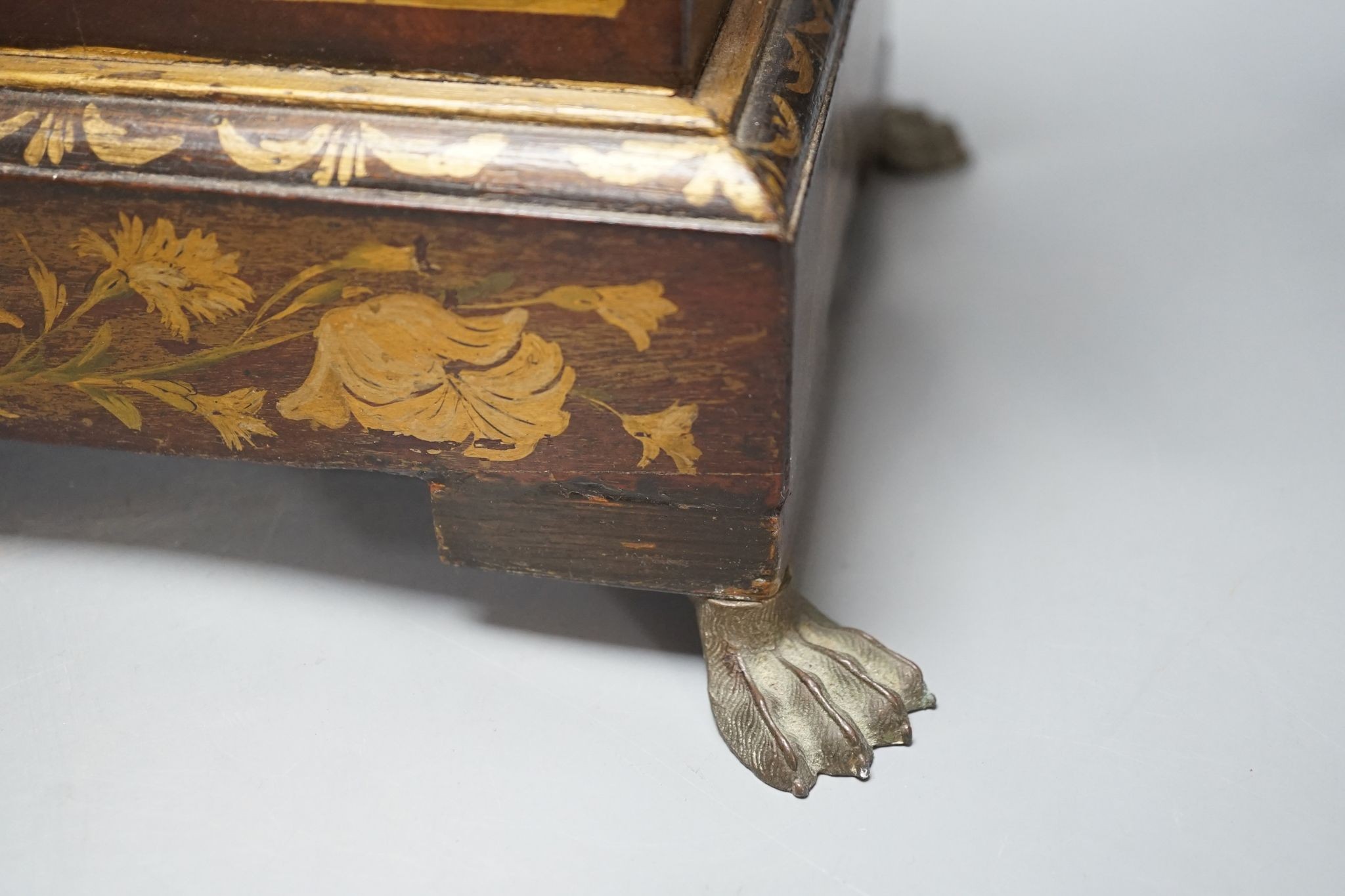 A Victorian floral painted mahogany bracket timepiece, with fusee movement, with key and pendulum, 49cm